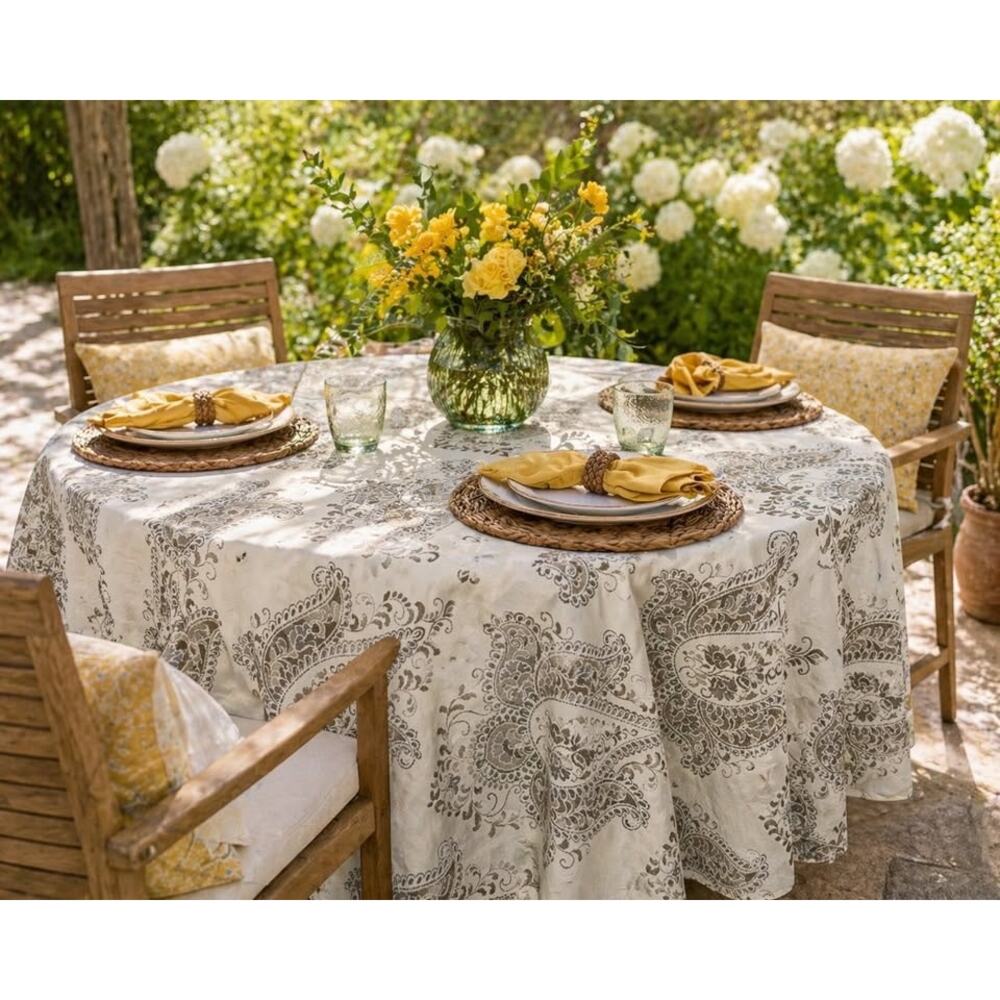 Tahari Home 66" Round Tablecloth Gray White Paisley Neutral Decor